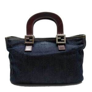 Fendi handbag tote bag Navy Blue brown denim canvas leather classic favorite